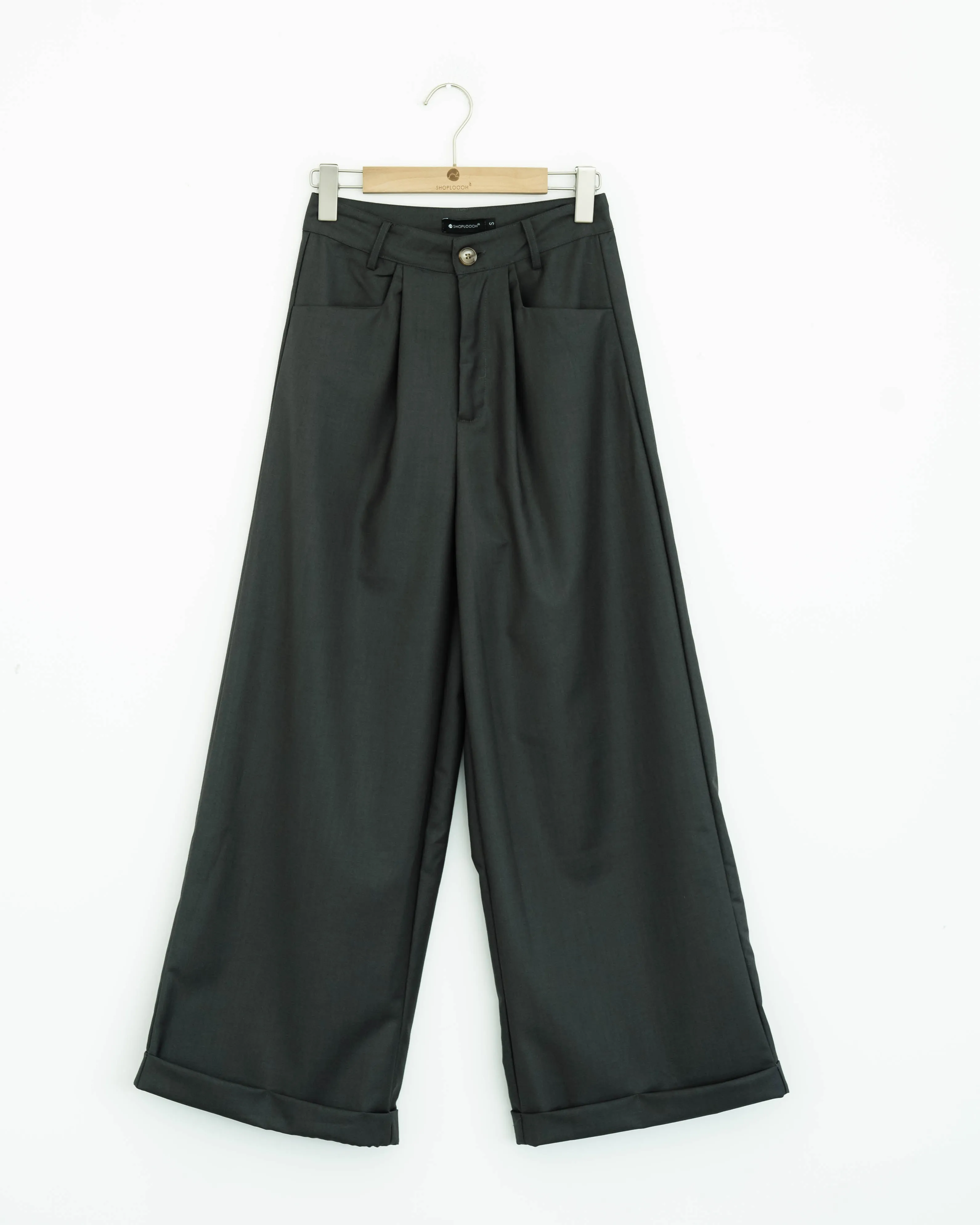 Folded Hem Straight Cut Trousers (Dark Grey)