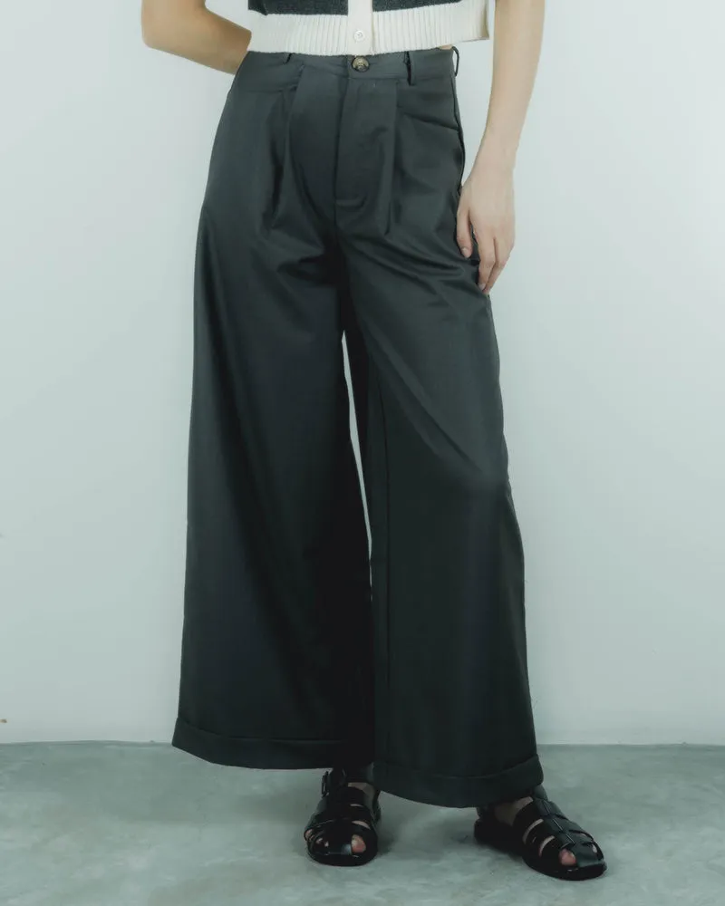 Folded Hem Straight Cut Trousers (Dark Grey)