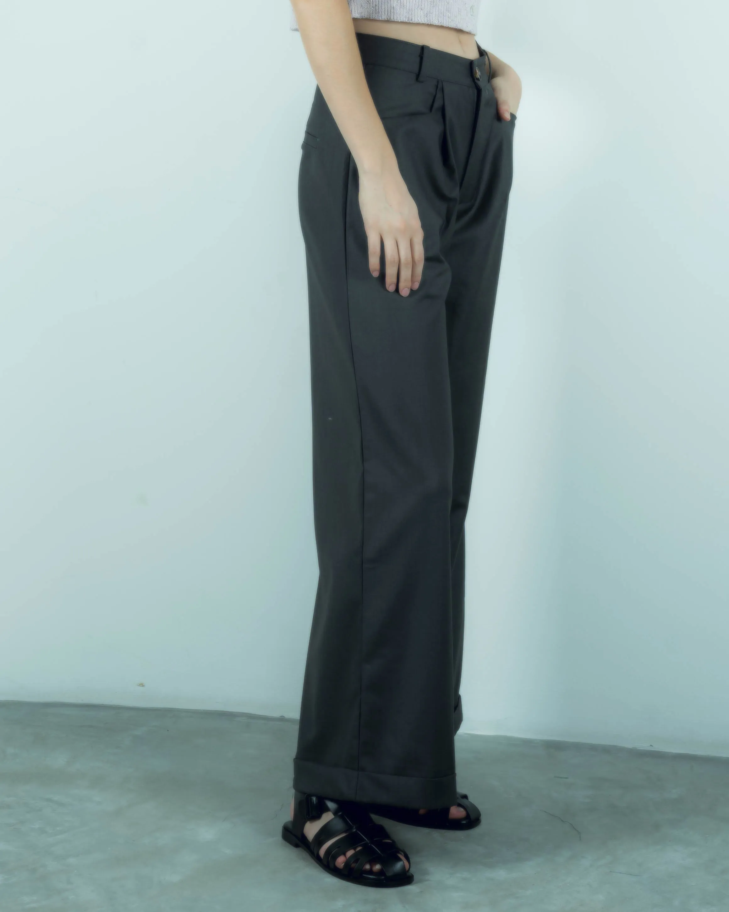 Folded Hem Straight Cut Trousers (Dark Grey)