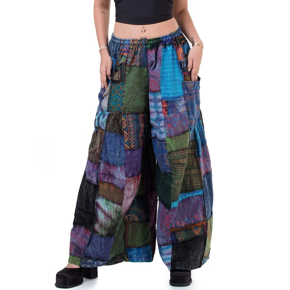 Forest Green Patchwork Wide-Leg Palazzo Pants