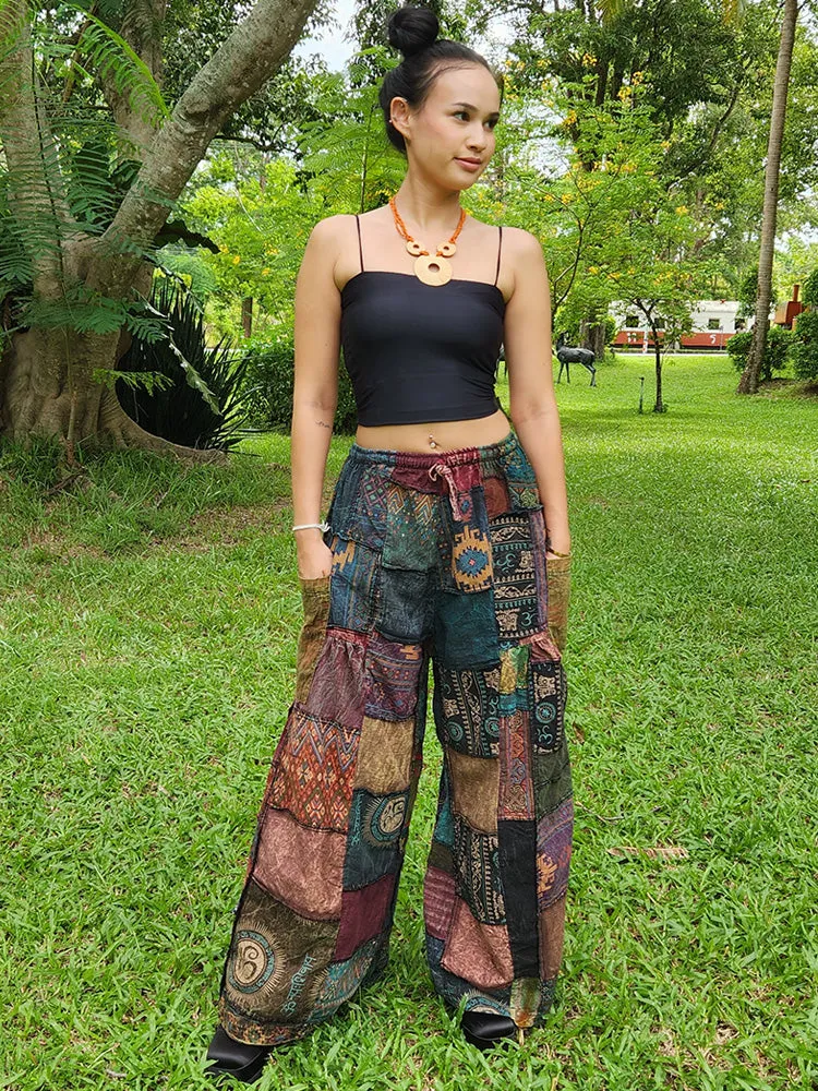 Forest Green Patchwork Wide-Leg Palazzo Pants