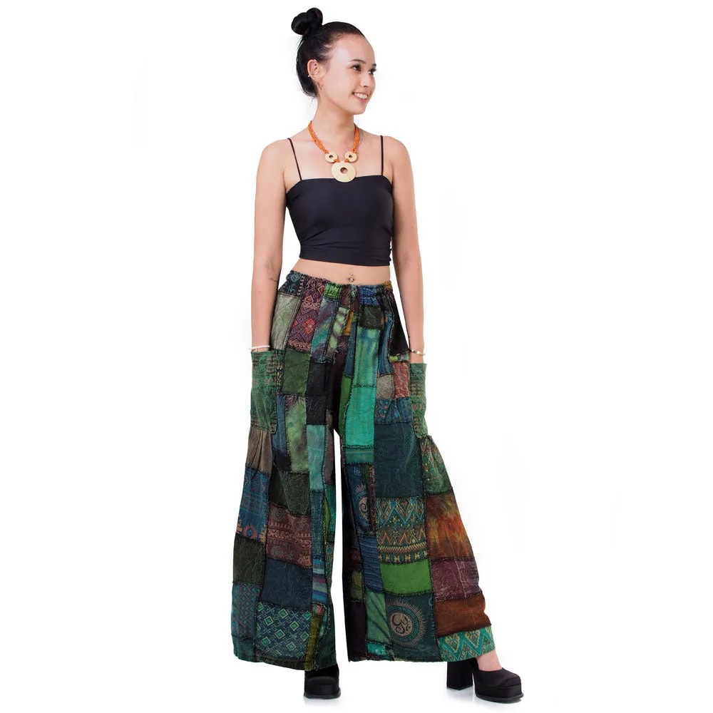 Forest Green Patchwork Wide-Leg Palazzo Pants