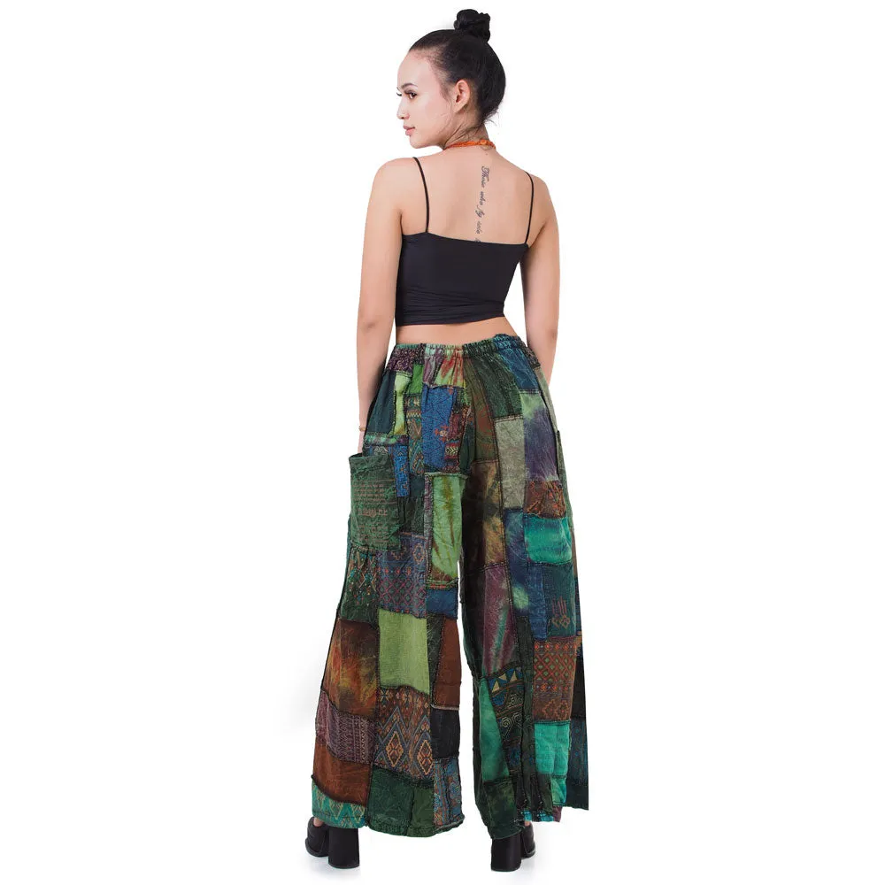 Forest Green Patchwork Wide-Leg Palazzo Pants