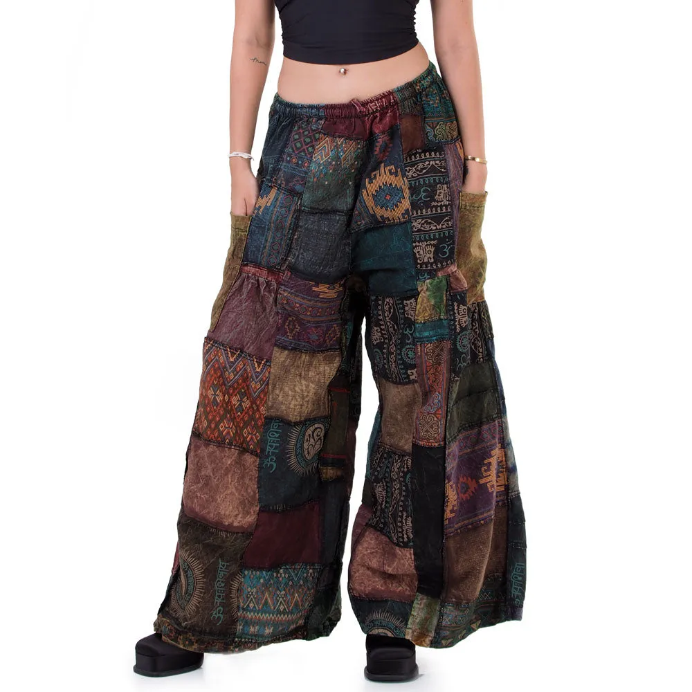 Forest Green Patchwork Wide-Leg Palazzo Pants