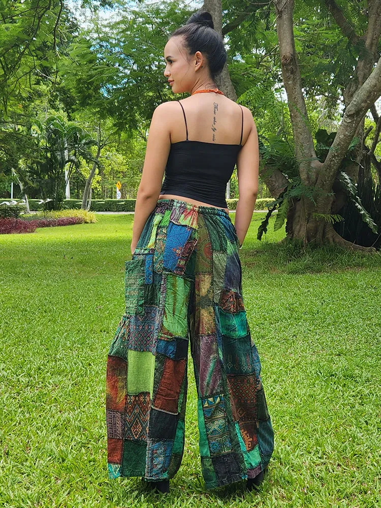 Forest Green Patchwork Wide-Leg Palazzo Pants