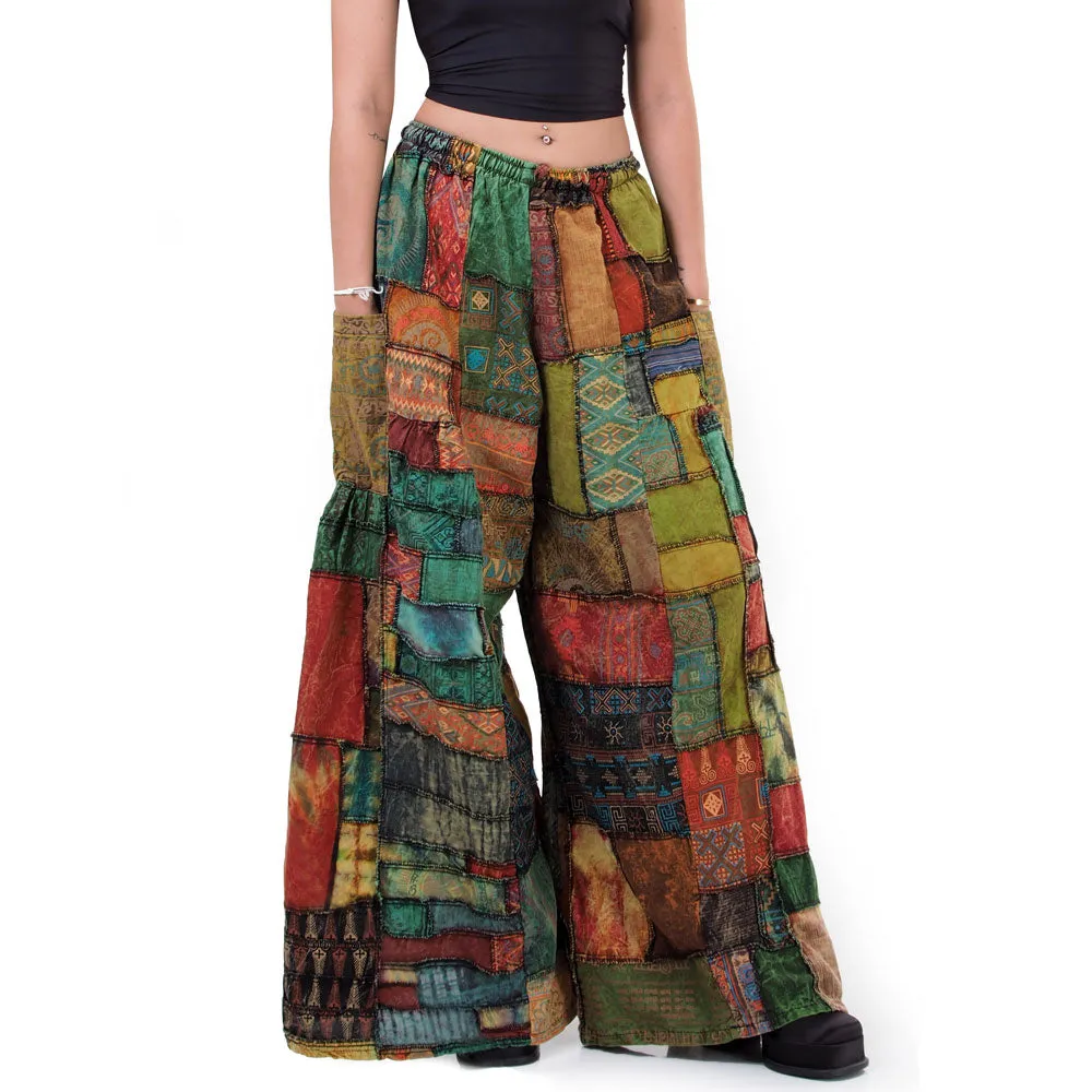 Forest Green Patchwork Wide-Leg Palazzo Pants