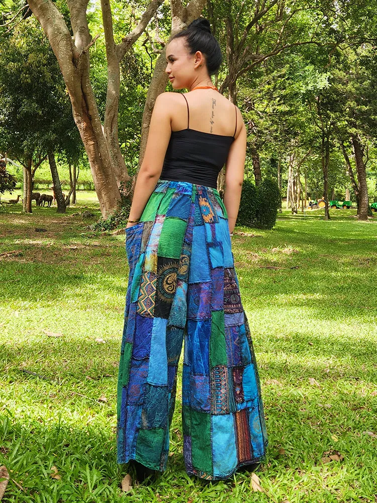 Forest Green Patchwork Wide-Leg Palazzo Pants