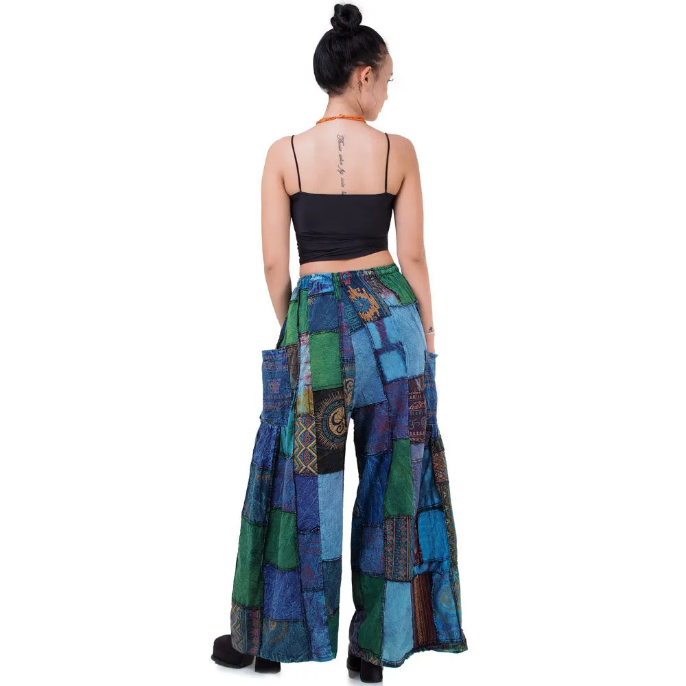 Forest Green Patchwork Wide-Leg Palazzo Pants