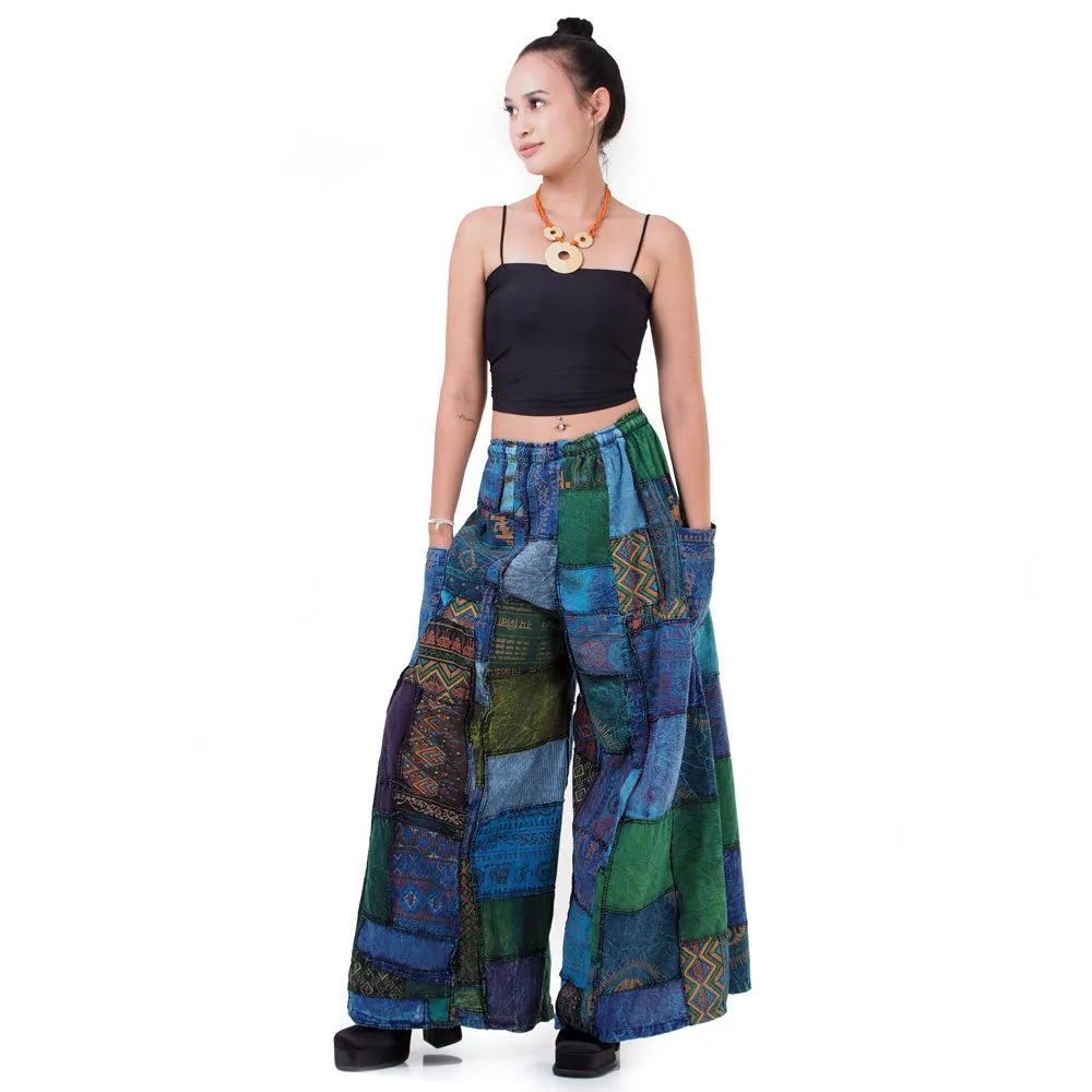 Forest Green Patchwork Wide-Leg Palazzo Pants