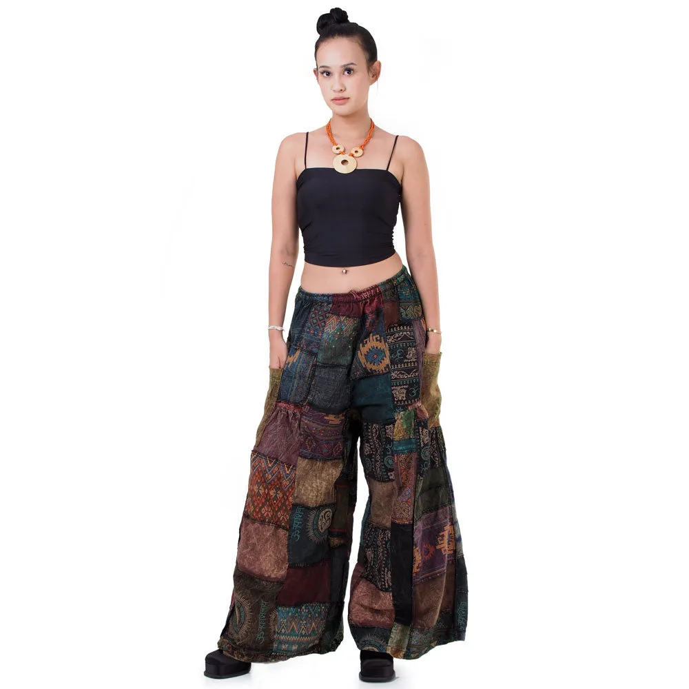 Forest Green Patchwork Wide-Leg Palazzo Pants