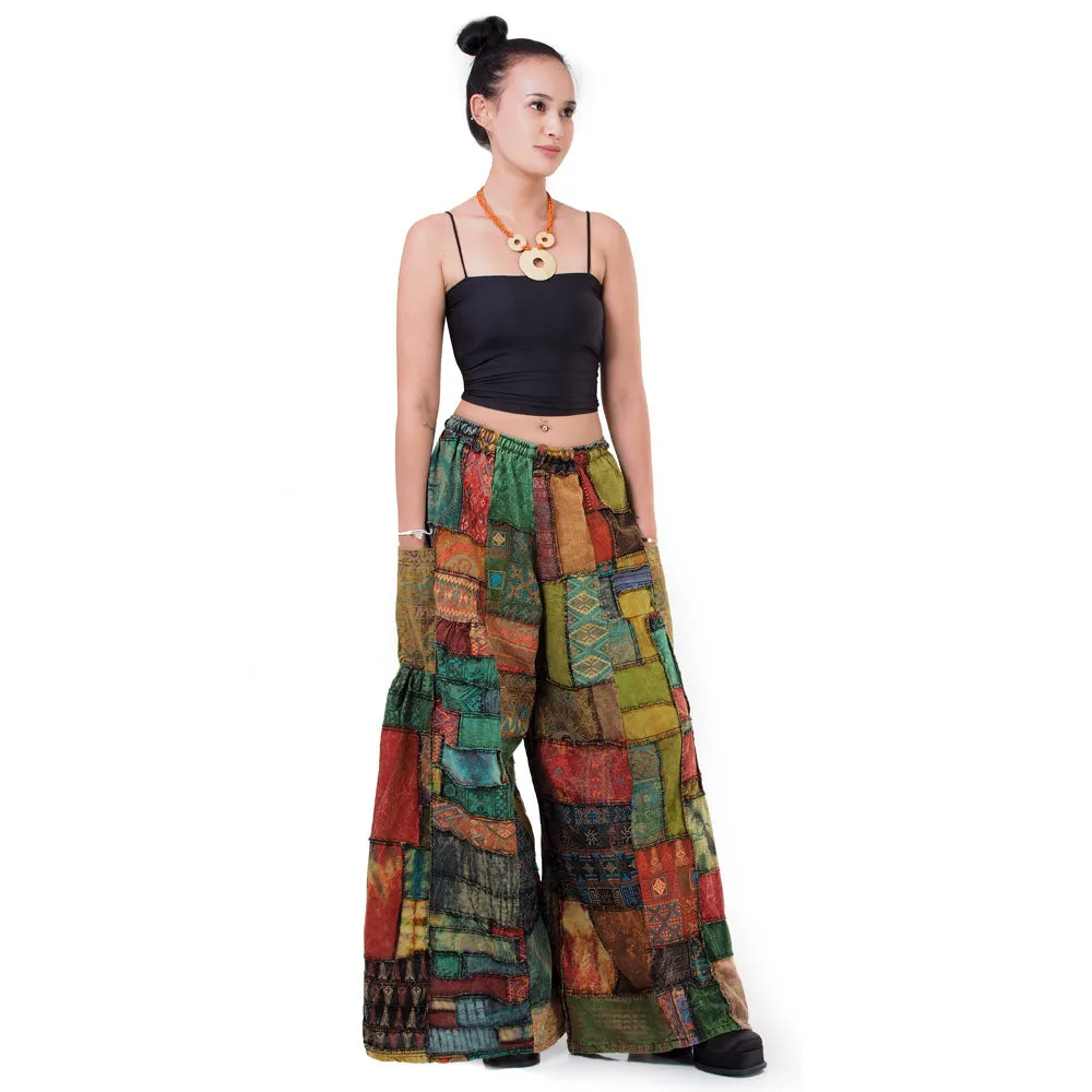 Forest Green Patchwork Wide-Leg Palazzo Pants