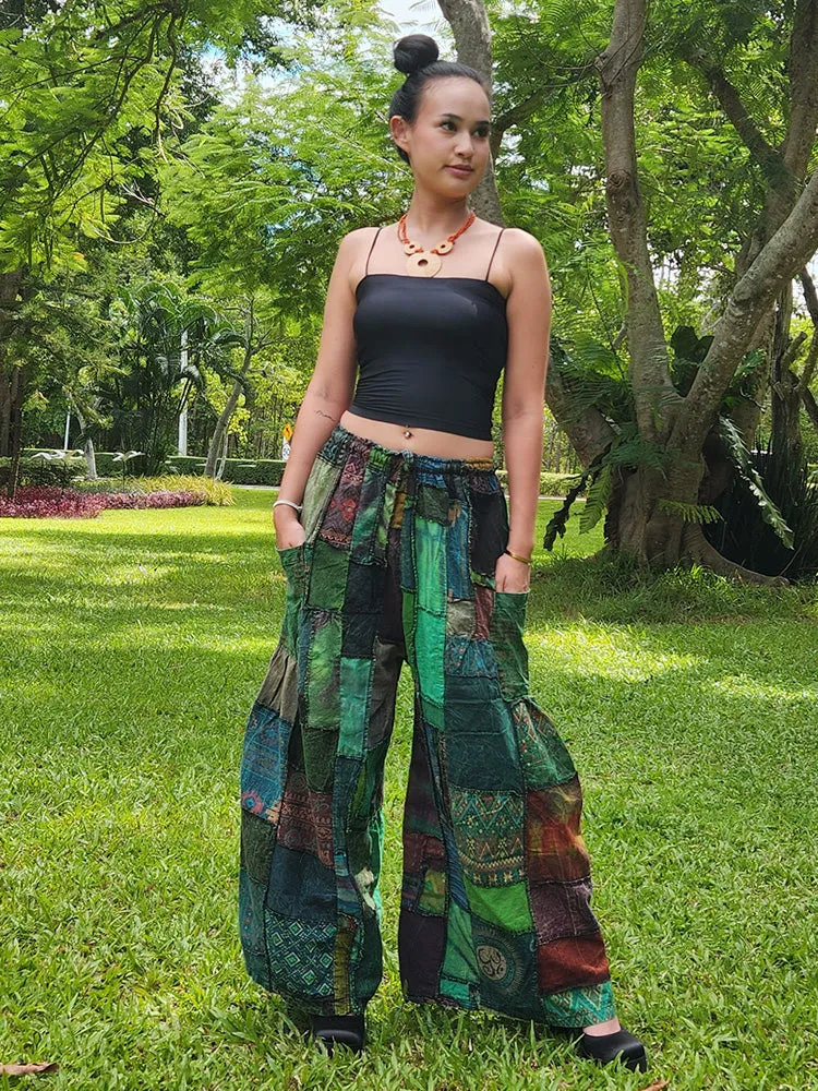 Forest Green Patchwork Wide-Leg Palazzo Pants