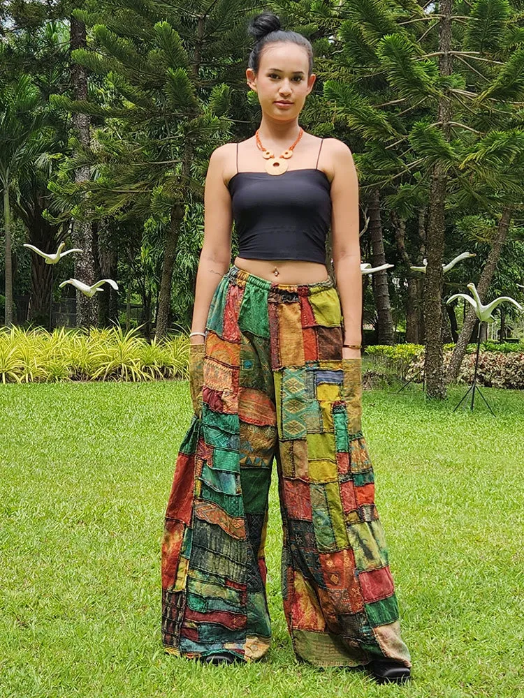 Forest Green Patchwork Wide-Leg Palazzo Pants