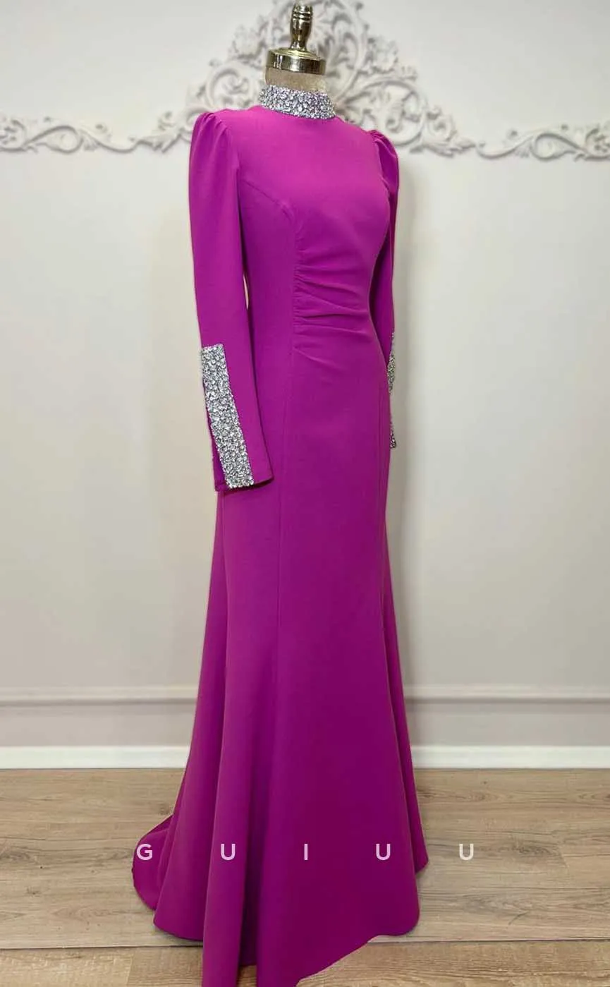 G4318 - Classic & Timeless Sheath High Neck Beaded and Draped Formal Party Prom Dress with Long Sleeves