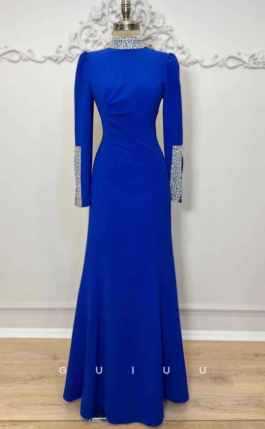 G4318 - Classic & Timeless Sheath High Neck Beaded and Draped Formal Party Prom Dress with Long Sleeves