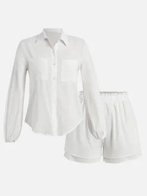 Gartered Sleeve Blouse and Flowy Shorts Set (White)