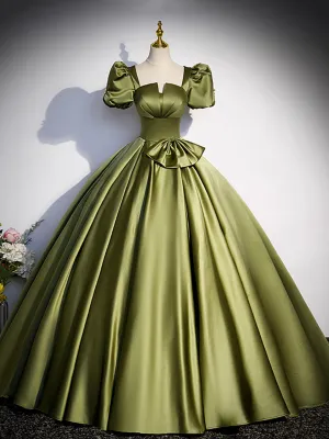 Green Satin Short Sleeve Floor Length Formal Dress Green A-Line Prom Dress