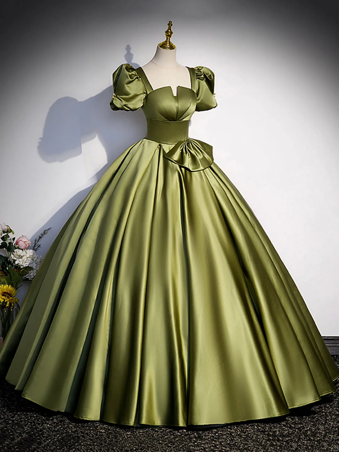 Green Satin Short Sleeve Floor Length Formal Dress Green A-Line Prom Dress