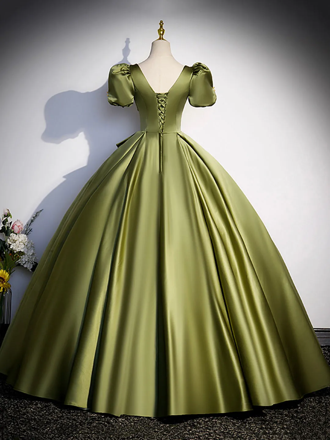 Green Satin Short Sleeve Floor Length Formal Dress Green A-Line Prom Dress