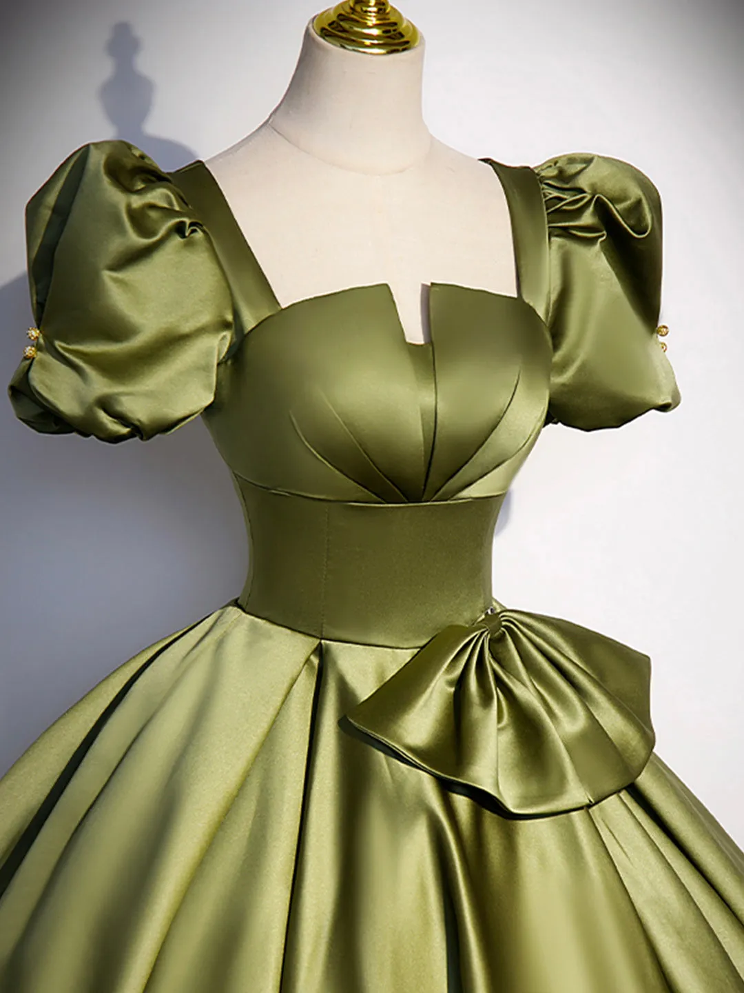 Green Satin Short Sleeve Floor Length Formal Dress Green A-Line Prom Dress