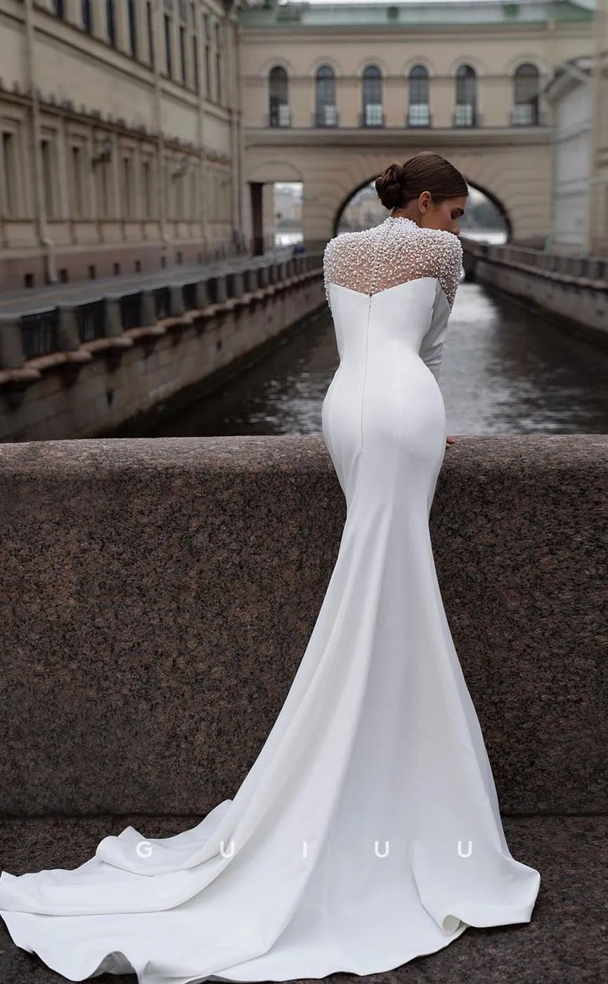 GW731 - Chic & Modern Sheath High Neck Beaded and Pearls Wedding Dress with Long Sleeves and Sweep Train