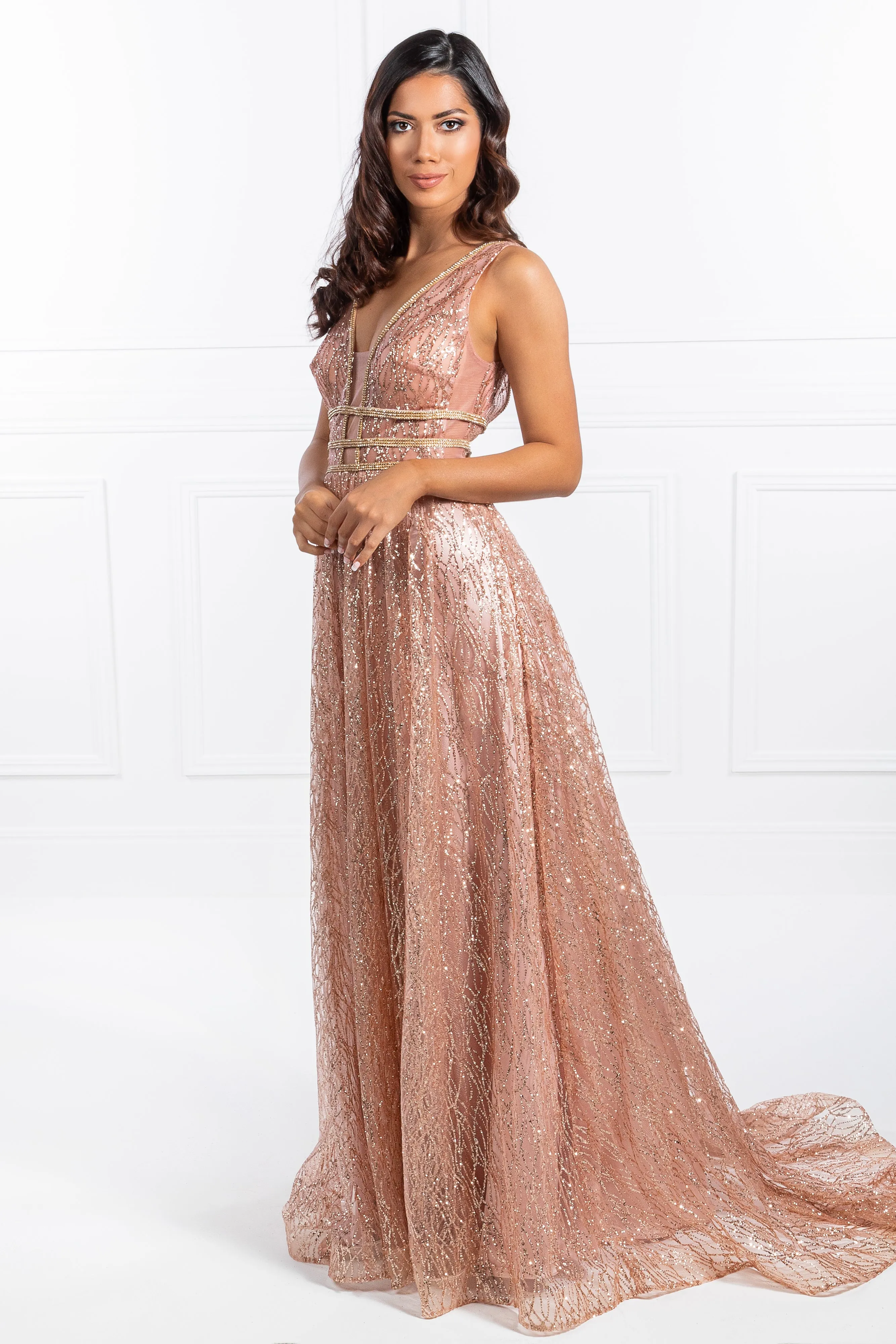 Honey Couture ENYA Glitter A Line Formal Gown