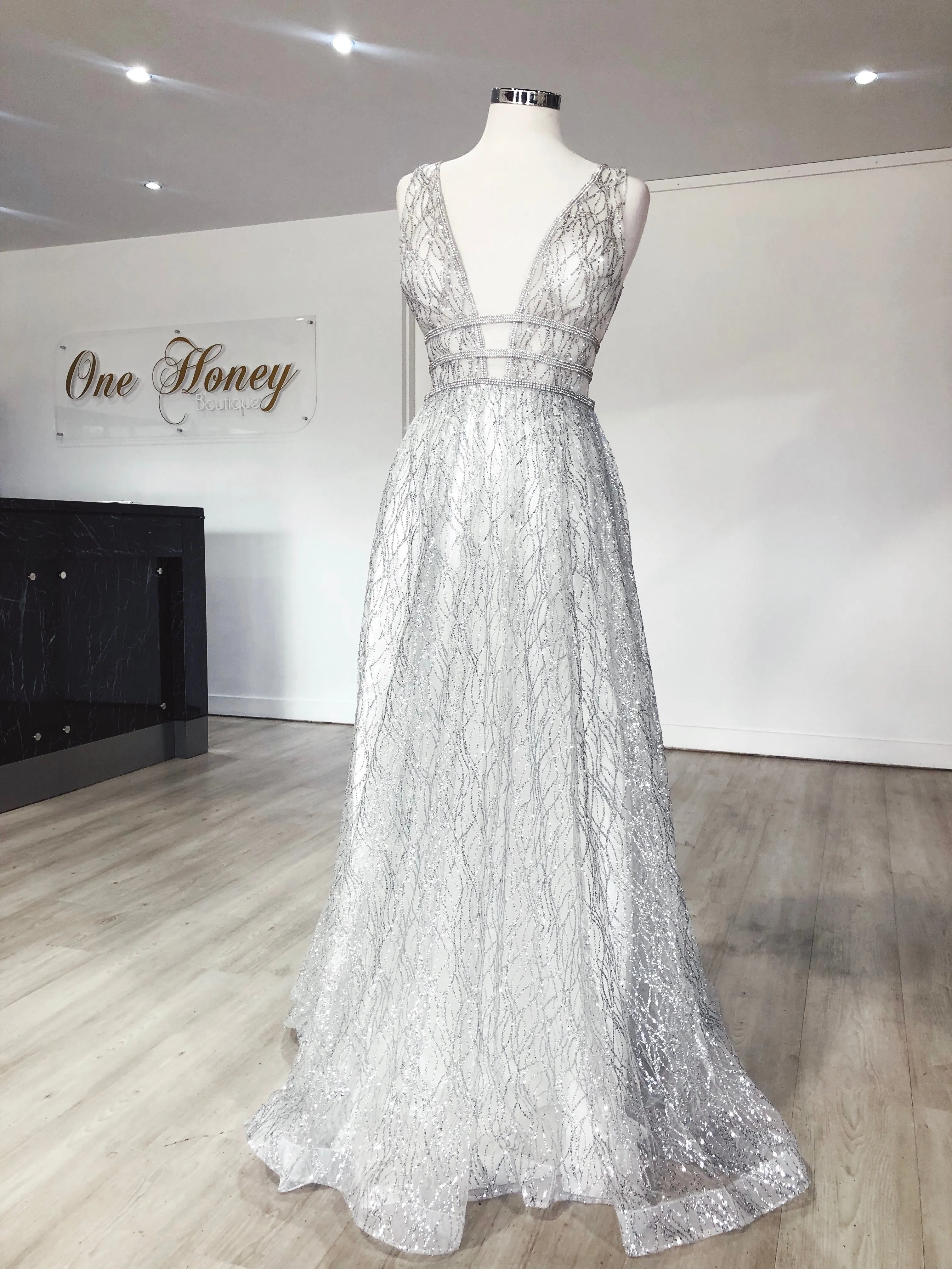 Honey Couture ENYA Glitter A Line Formal Gown