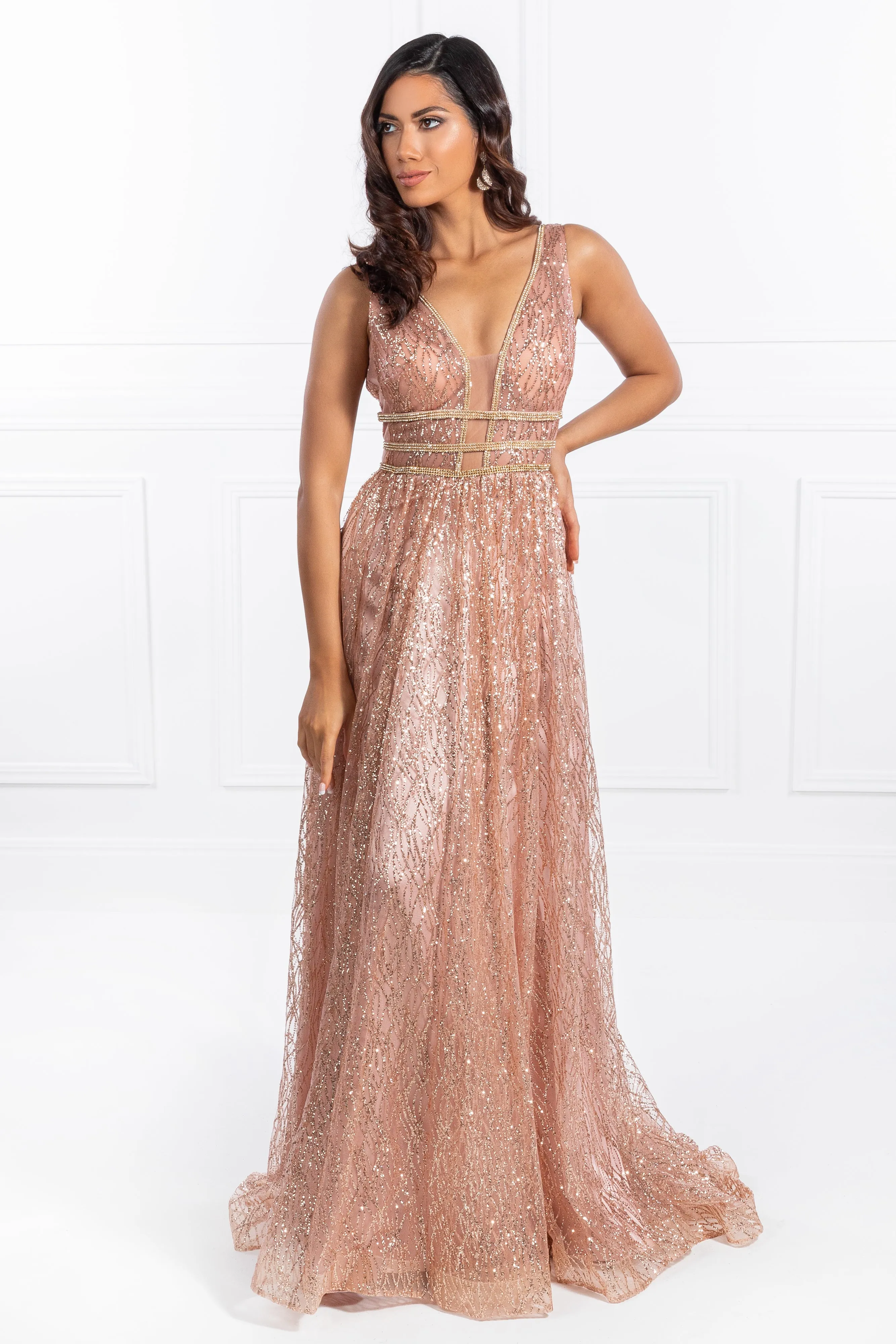 Honey Couture ENYA Glitter A Line Formal Gown