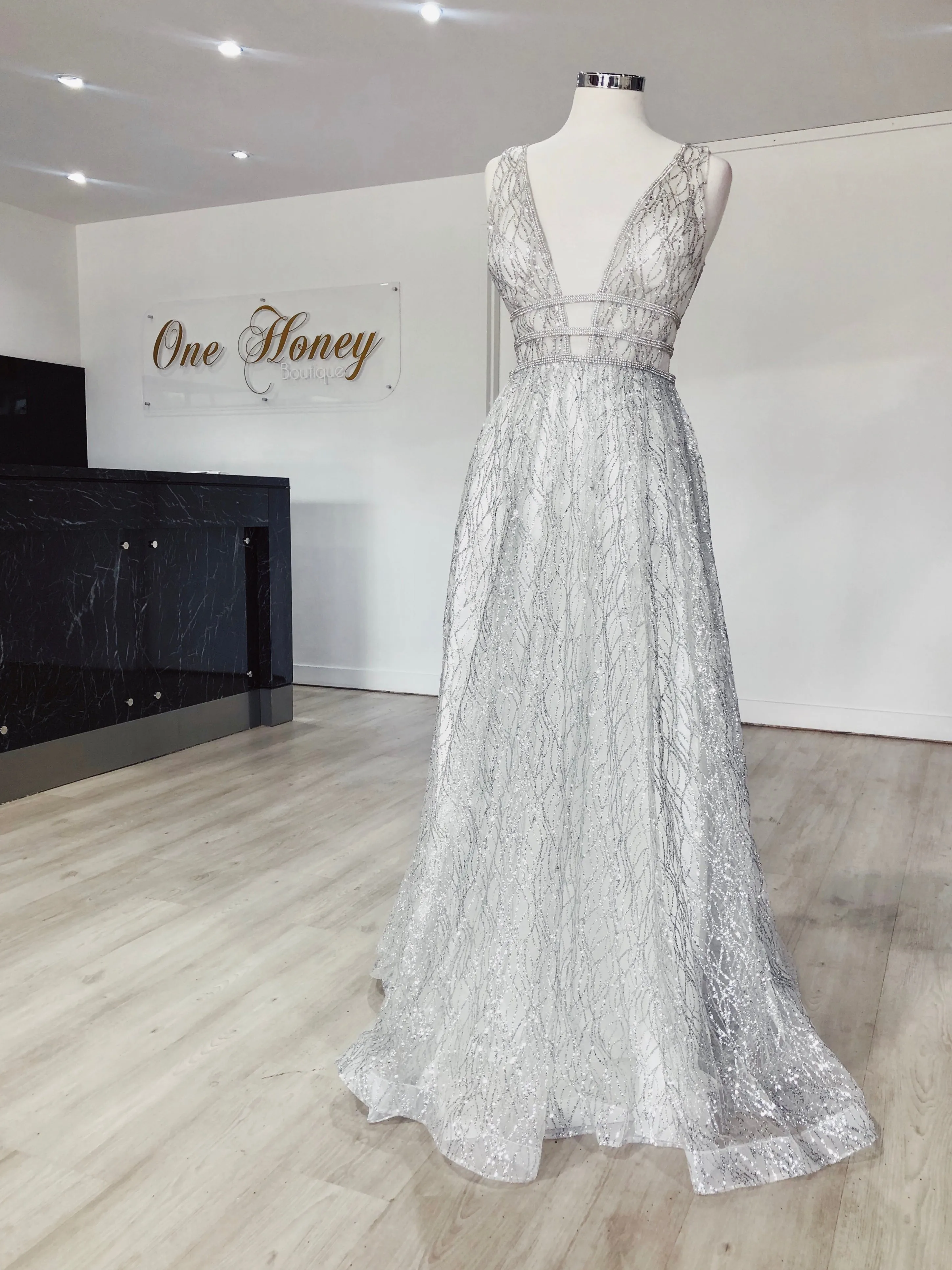 Honey Couture ENYA Glitter A Line Formal Gown