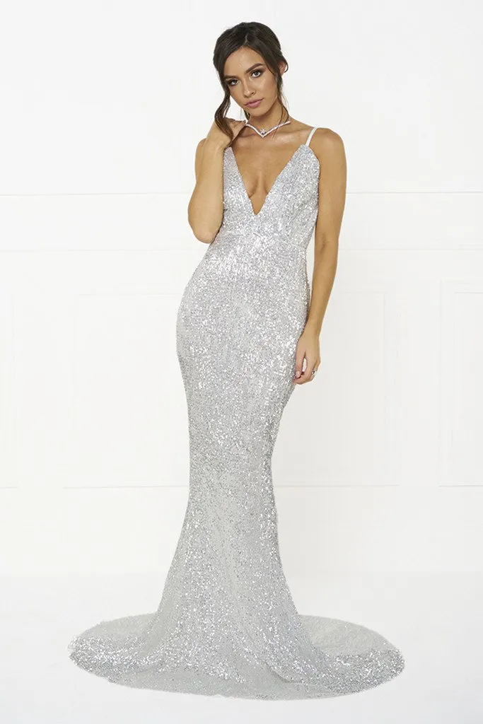 Honey Couture ROSALIE Silver Low Back Sequin Formal Gown Dress