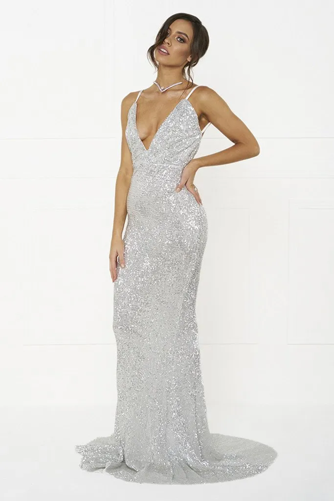 Honey Couture ROSALIE Silver Low Back Sequin Formal Gown Dress