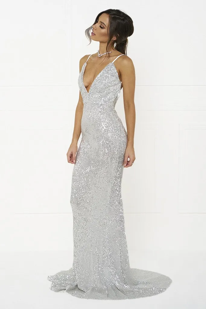 Honey Couture ROSALIE Silver Low Back Sequin Formal Gown Dress