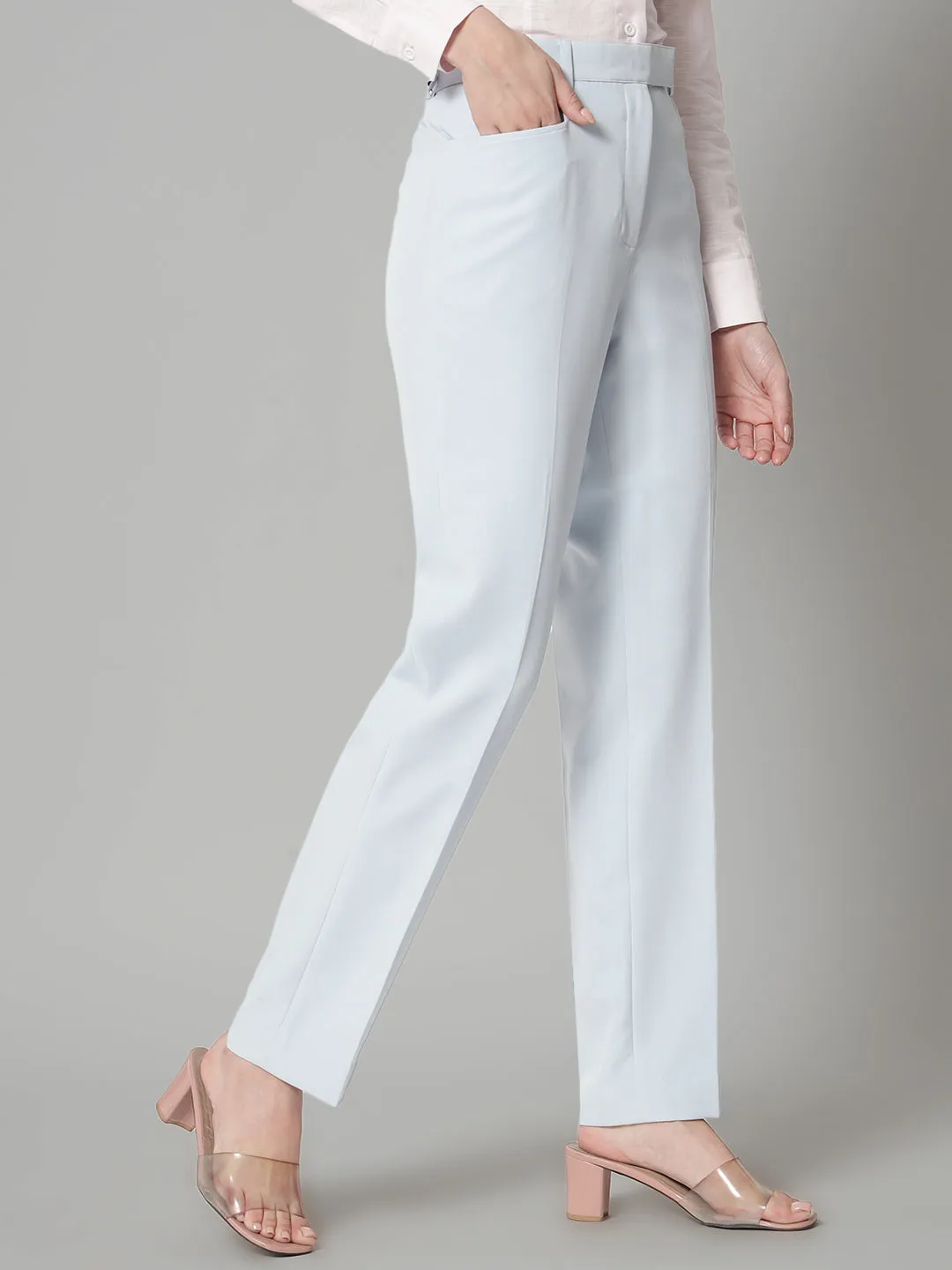 Ice Blue Polyester Regular fit Formal Trouser