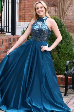 Long Teal Cut Glass Mirror Halter Formal Dresses