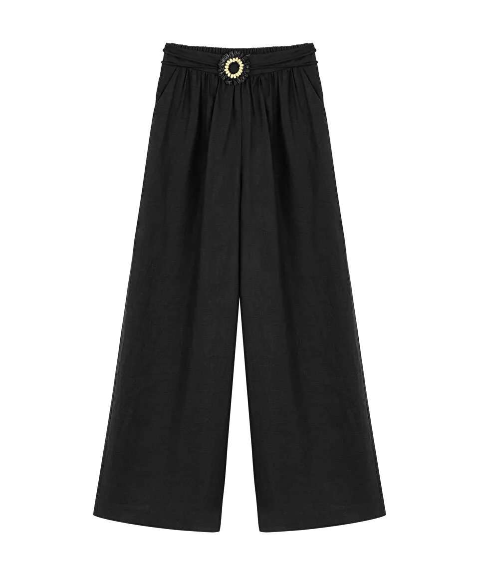 Machka Belted Detail Linen Trousers Black