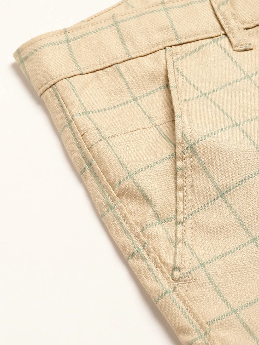 Men's Cotton Blend Beige & Green Checked Formal Trousers - Sojanya