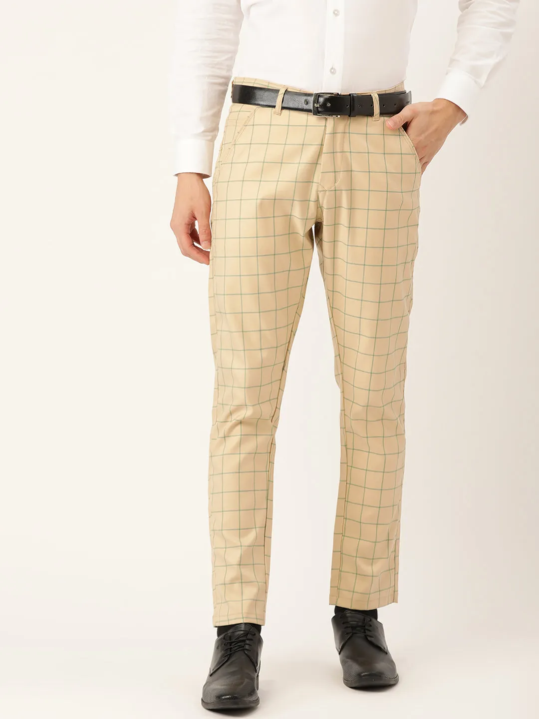 Men's Cotton Blend Beige & Green Checked Formal Trousers - Sojanya