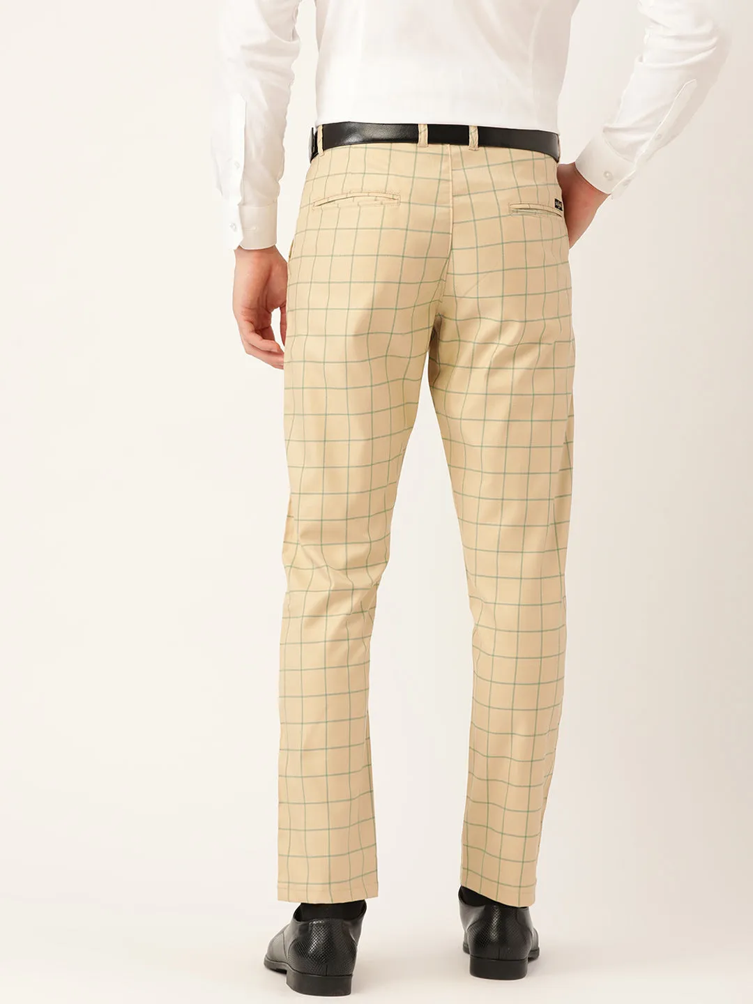 Men's Cotton Blend Beige & Green Checked Formal Trousers - Sojanya