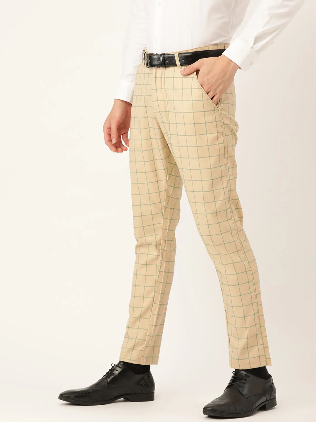 Men's Cotton Blend Beige & Green Checked Formal Trousers - Sojanya