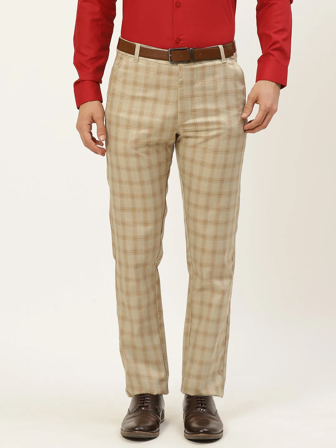 Men's Cotton Blend Pista Green & Mustard Checked Formal Trousers - Sojanya