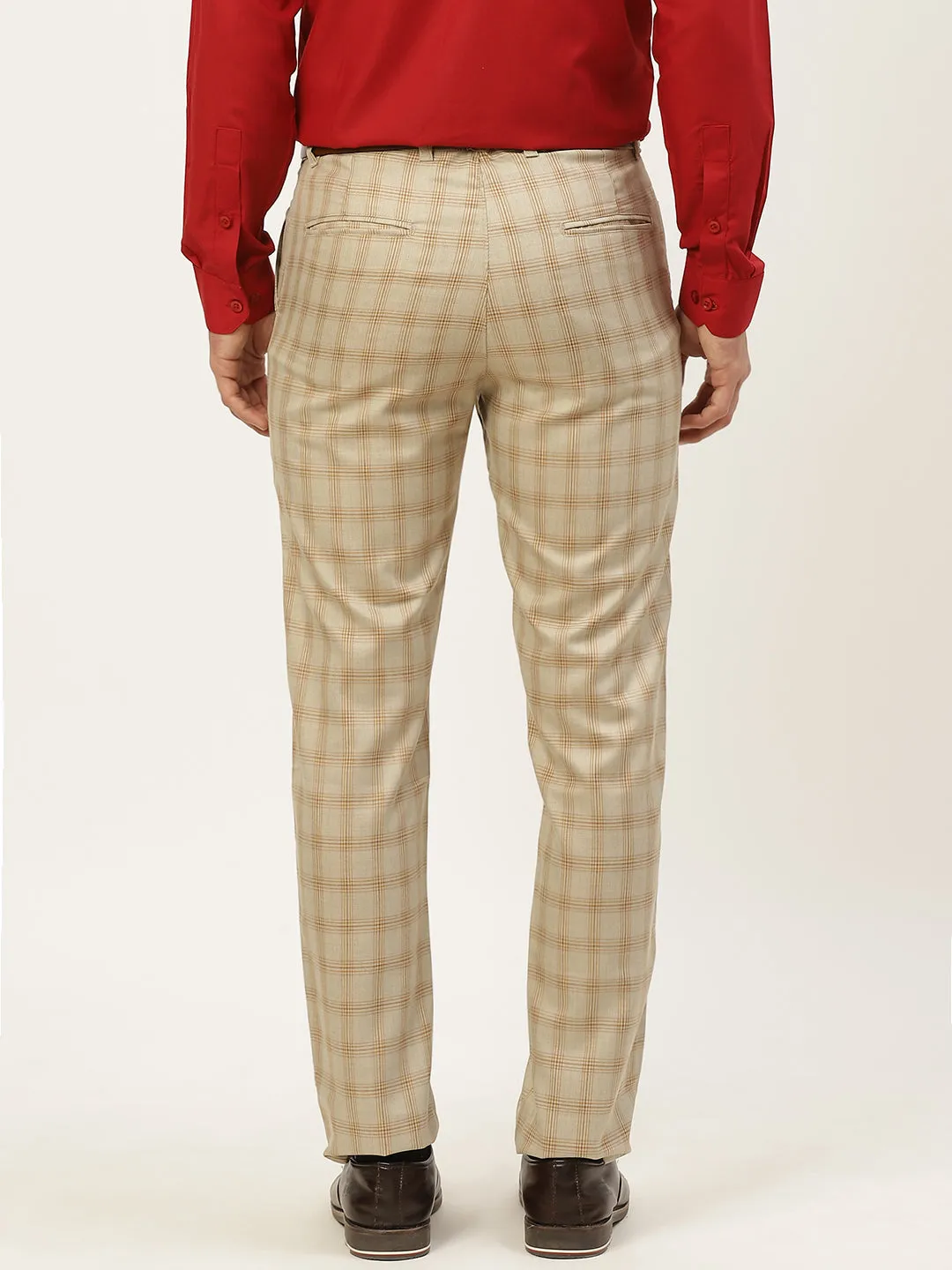 Men's Cotton Blend Pista Green & Mustard Checked Formal Trousers - Sojanya