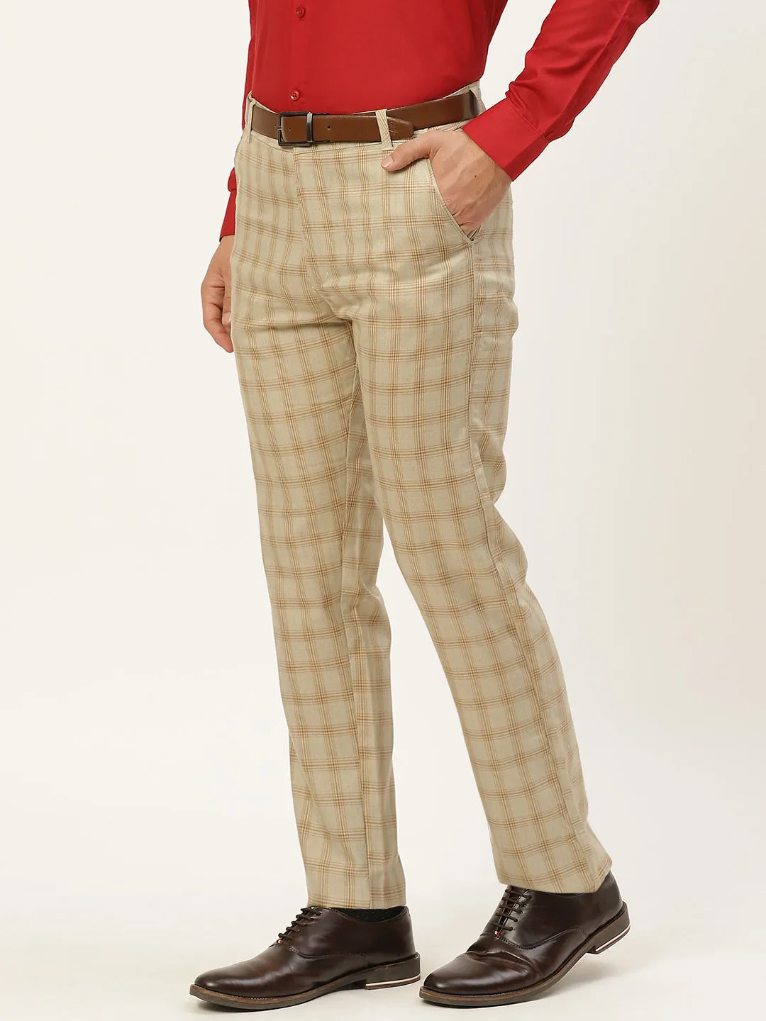 Men's Cotton Blend Pista Green & Mustard Checked Formal Trousers - Sojanya