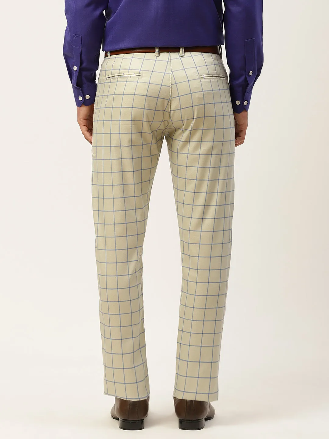 Men's Cotton Blend Pistagreen & Blue Checked Formal Trousers - Sojanya