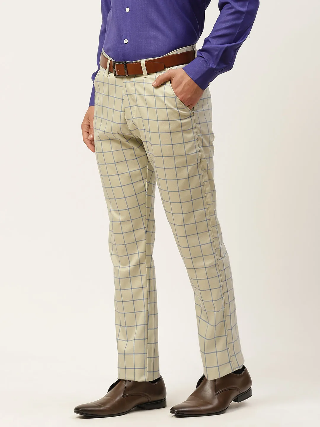 Men's Cotton Blend Pistagreen & Blue Checked Formal Trousers - Sojanya