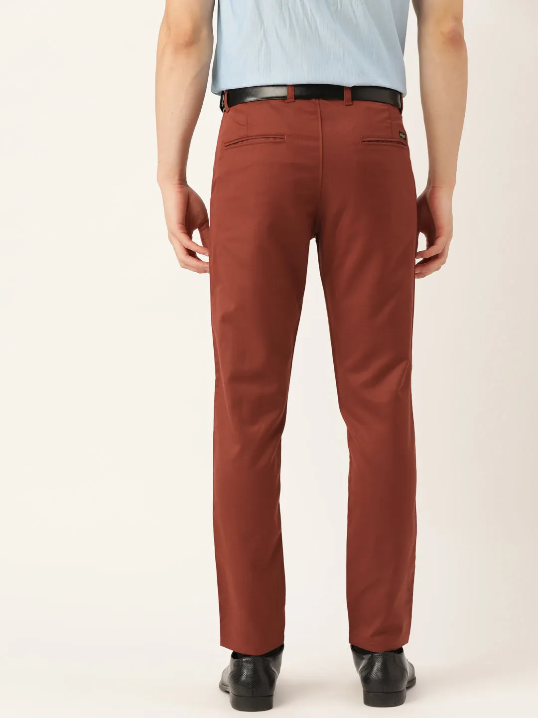 Men's Cotton Blend Rust Solid Formal Trousers - Sojanya