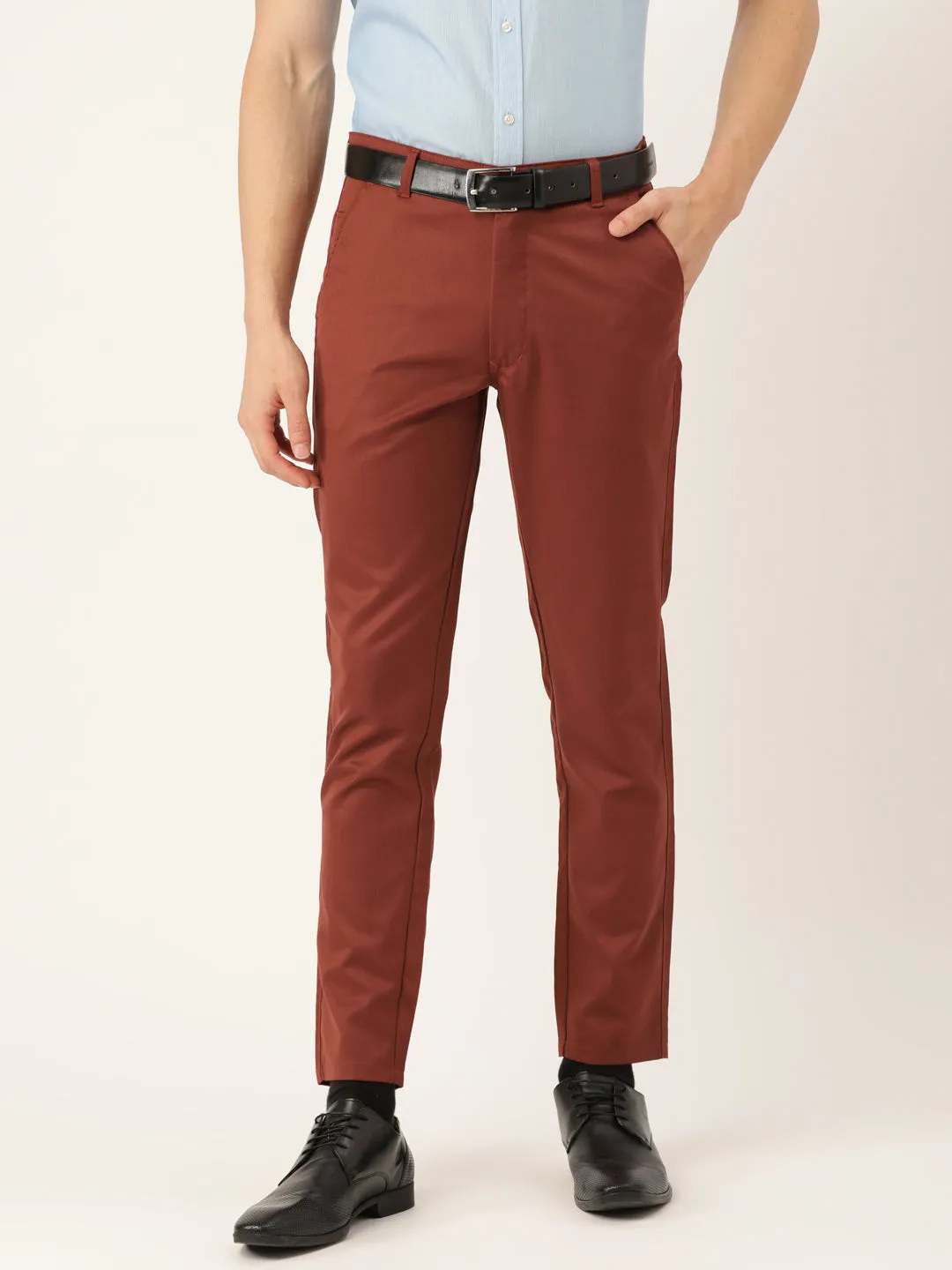 Men's Cotton Blend Rust Solid Formal Trousers - Sojanya