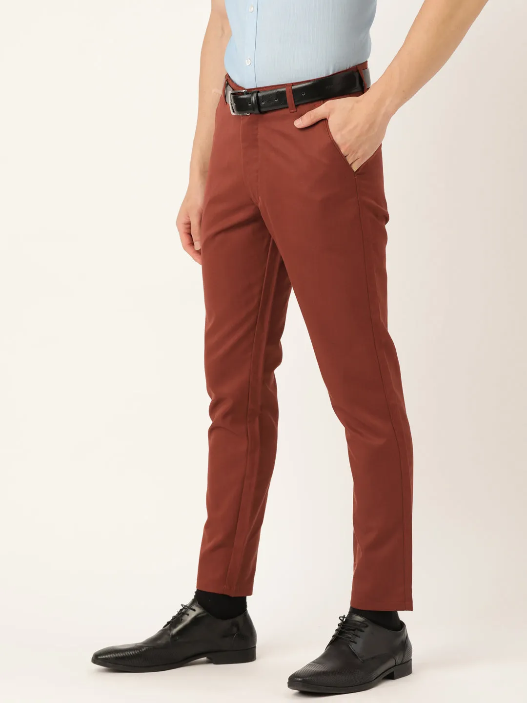 Men's Cotton Blend Rust Solid Formal Trousers - Sojanya