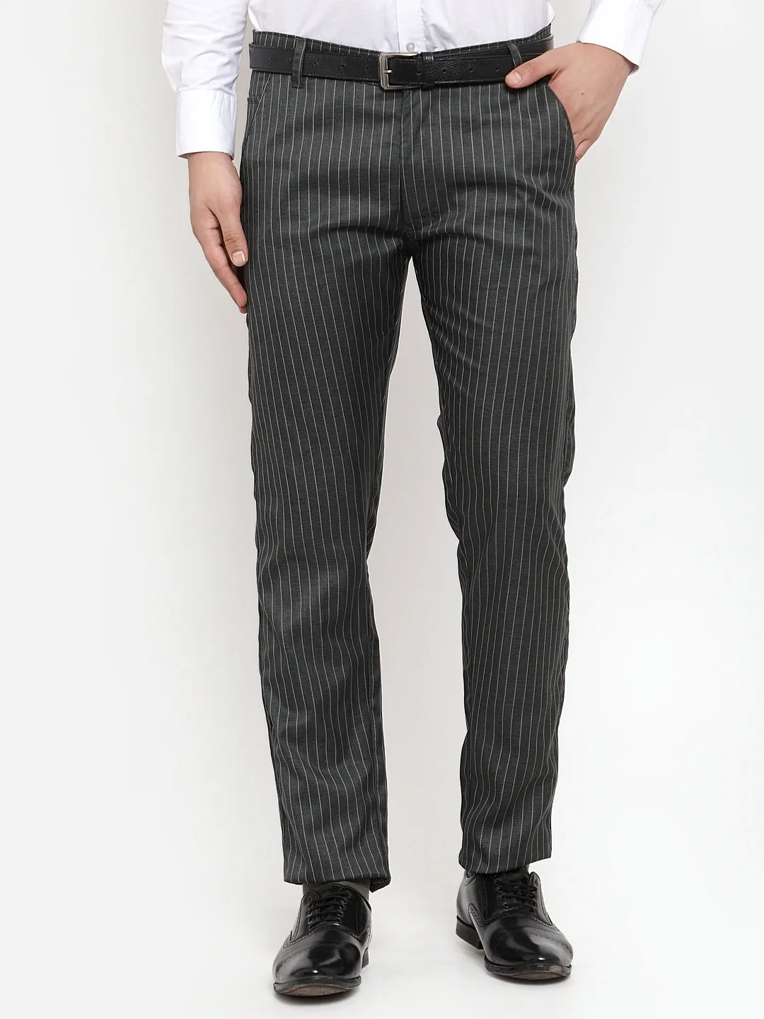 Men's Green Cotton Striped Formal Trousers ( FGP 255Olive ) - Jainish