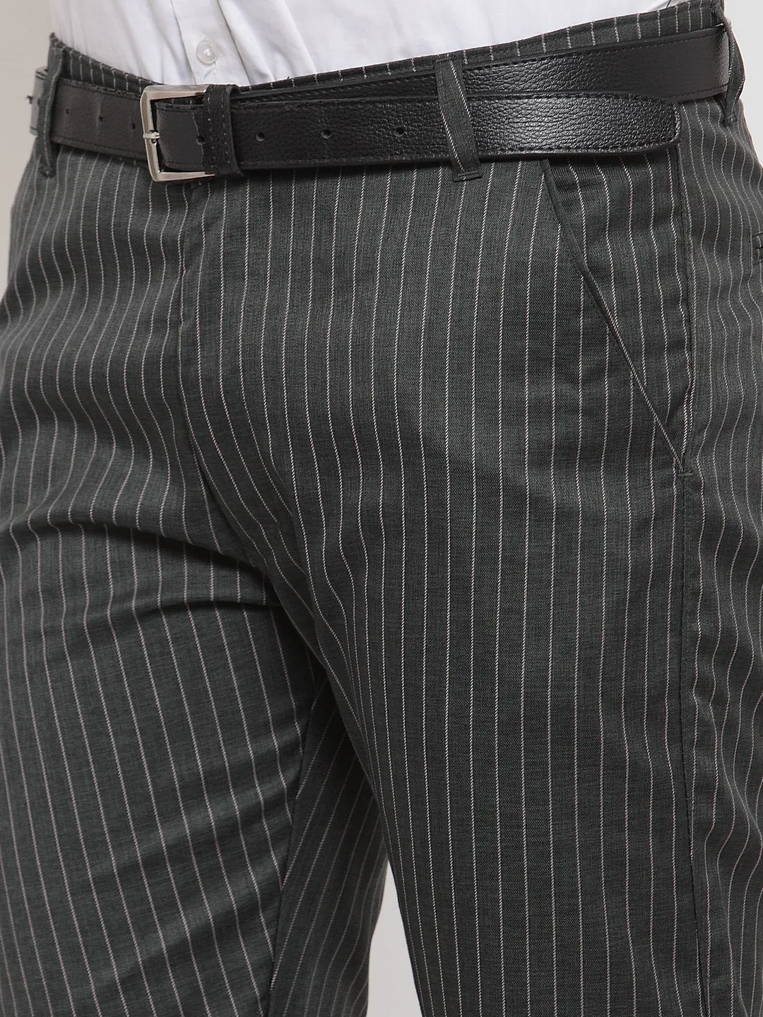 Men's Green Cotton Striped Formal Trousers ( FGP 255Olive ) - Jainish