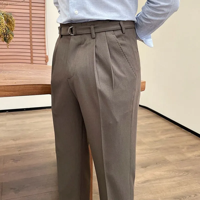 Mens Retro High Waist Business Straight Trousers